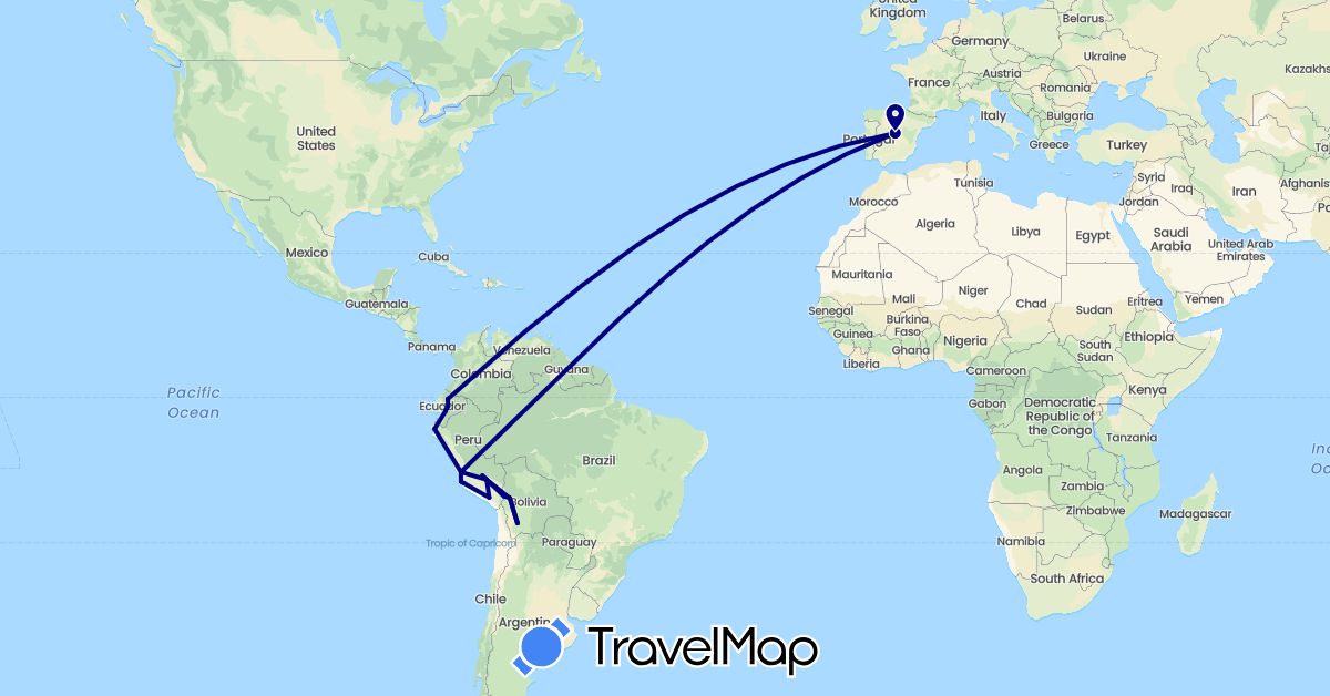 TravelMap itinerary: driving in Bolivia, Ecuador, Spain, Peru (Europe, South America)